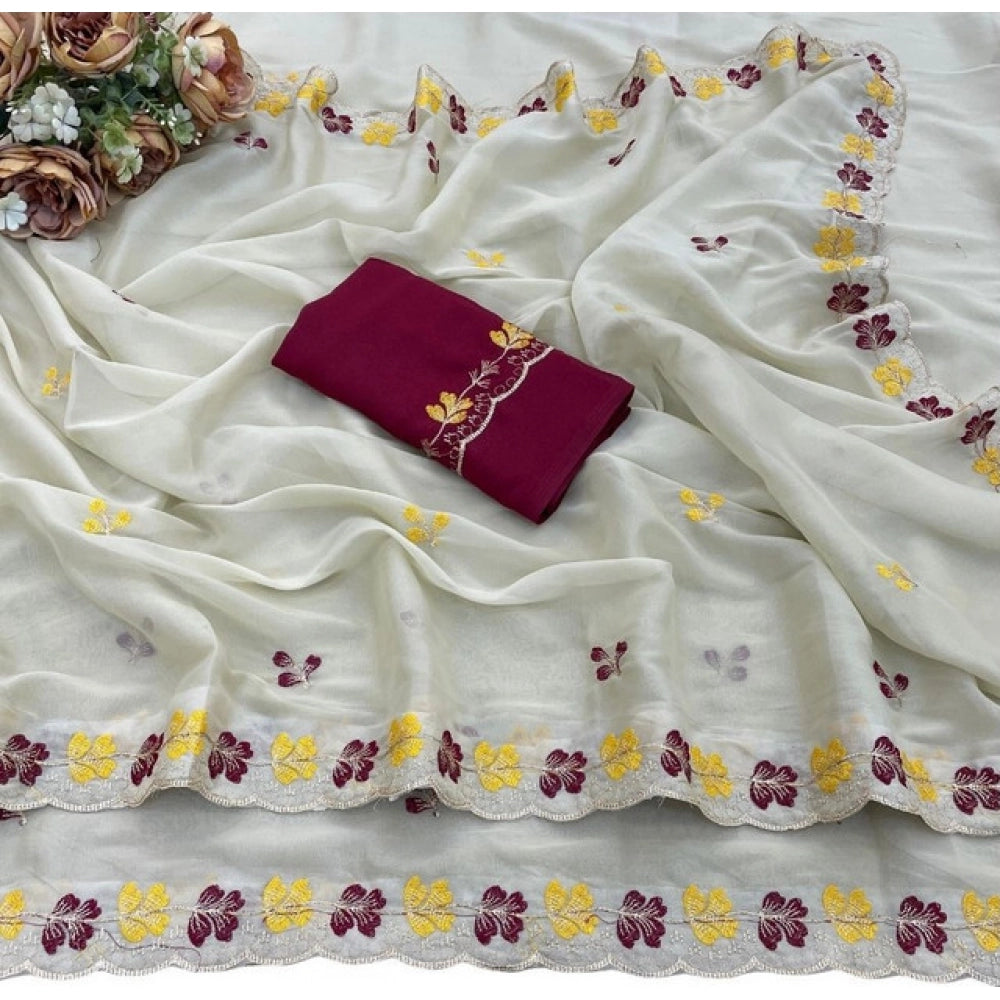 Women's Star Georgette Embroidered Saree With Unstitched Blouse 5.5Mtr (Beige-Red)