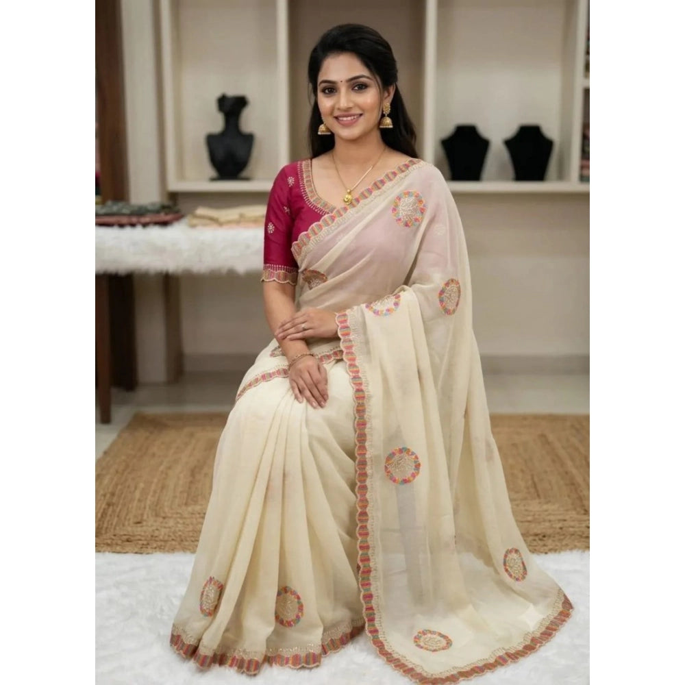 Women's Star Georgette Embroidered Saree With Unstitched Blouse 5.5Mtr (Cream)