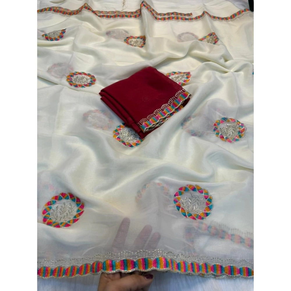 Women's Star Georgette Embroidered Saree With Unstitched Blouse 5.5Mtr (Cream)