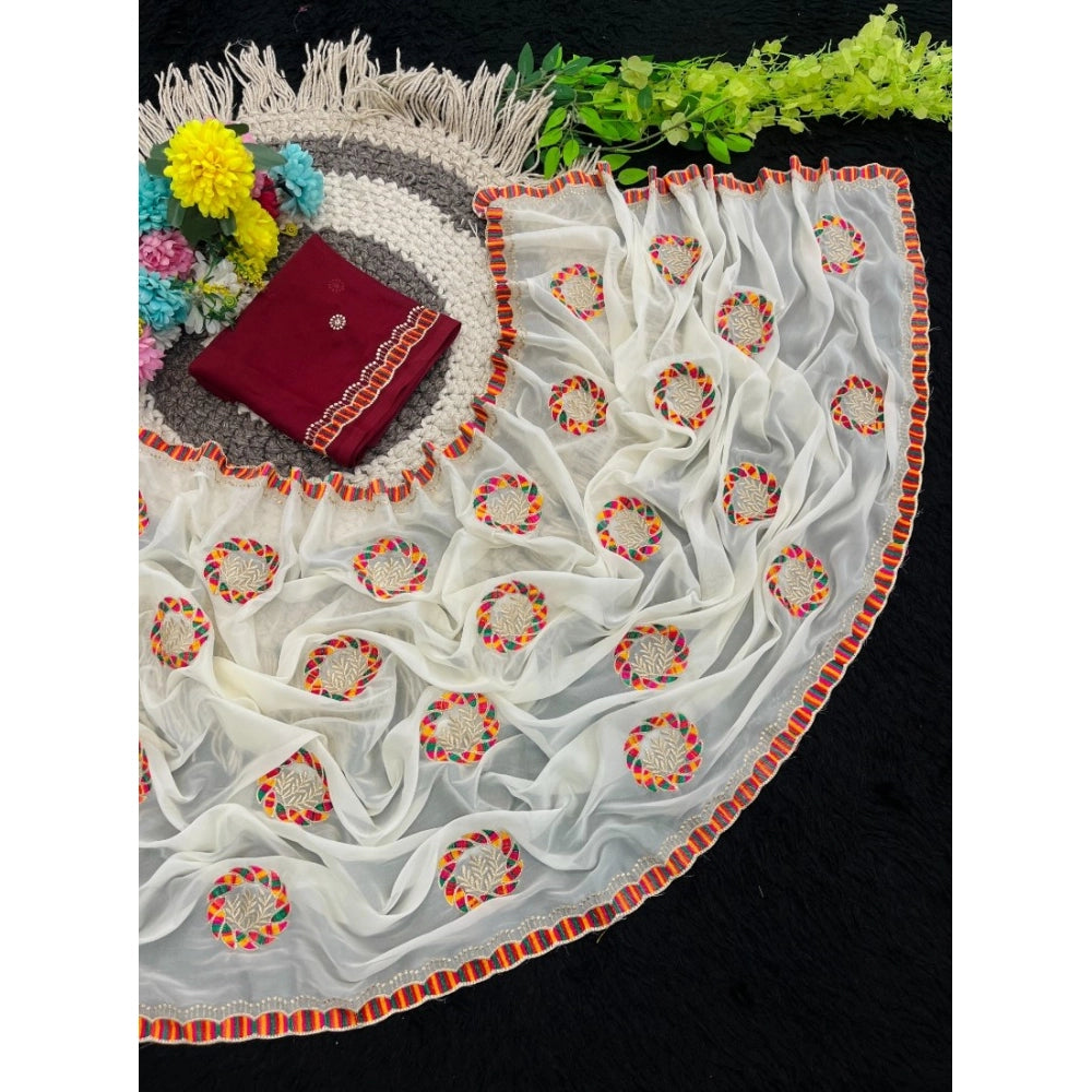 Women's Star Georgette Embroidered Saree With Unstitched Blouse 5.5Mtr (Cream)
