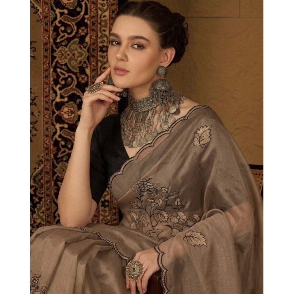 Women's Viscose Silk Embroidered Saree With Unstitched Blouse 5.5Mtr (Brown)