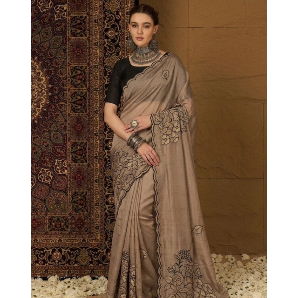 Women's Viscose Silk Embroidered Saree With Unstitched Blouse 5.5Mtr (Brown)
