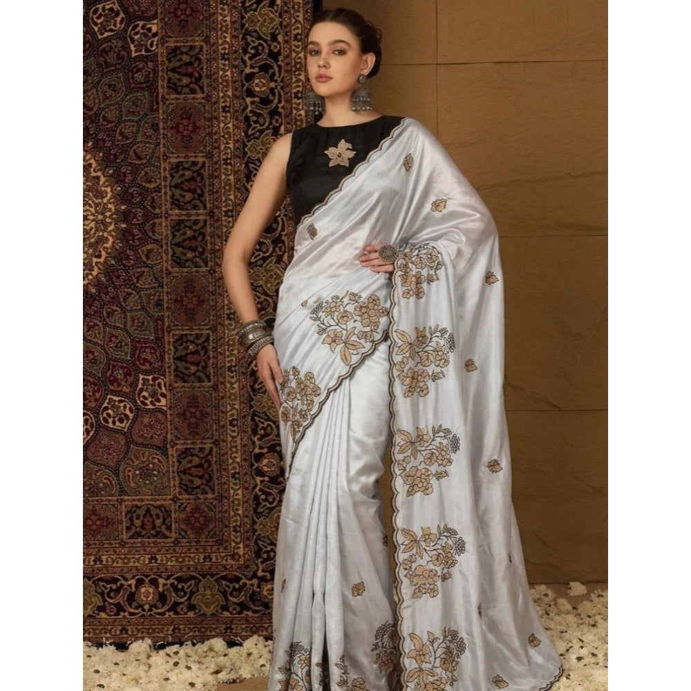 Women's Viscose Silk Embroidered Saree With Unstitched Blouse 5.5Mtr (Grey)