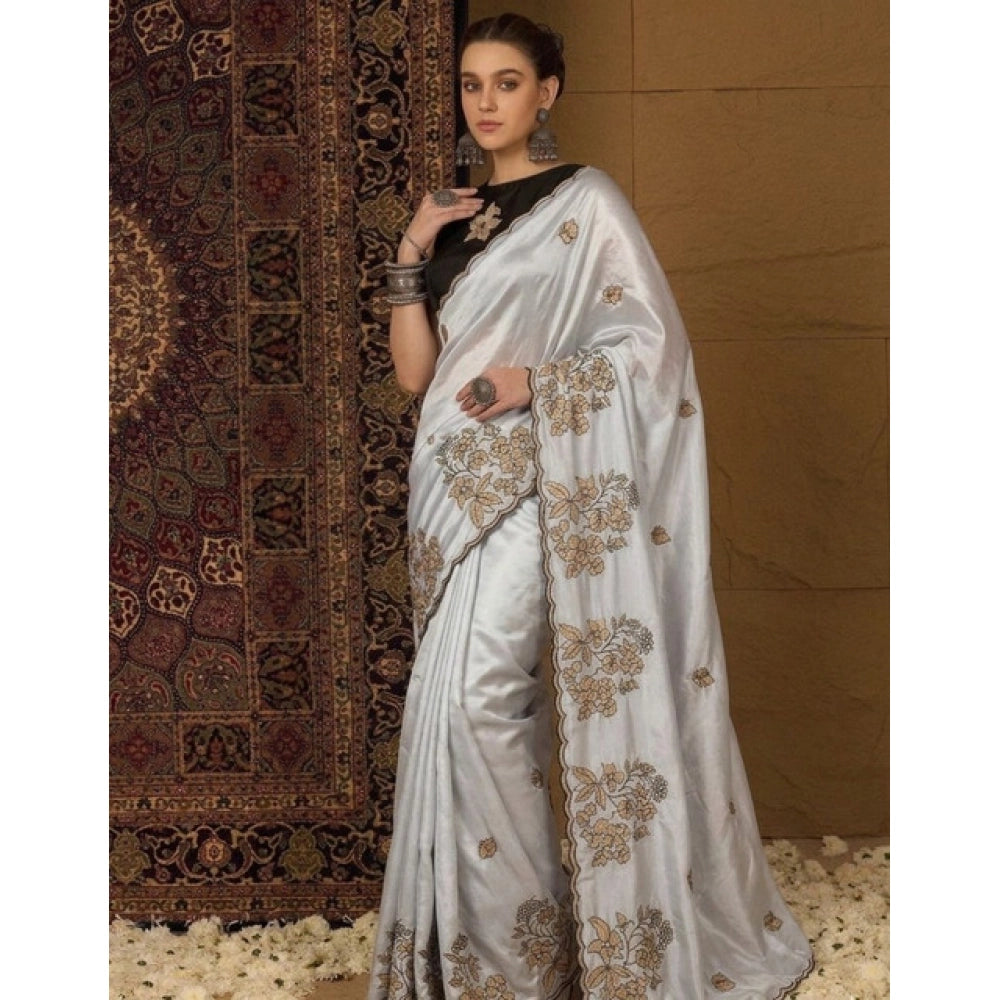 Women's Viscose Silk Embroidered Saree With Unstitched Blouse 5.5Mtr (Grey)