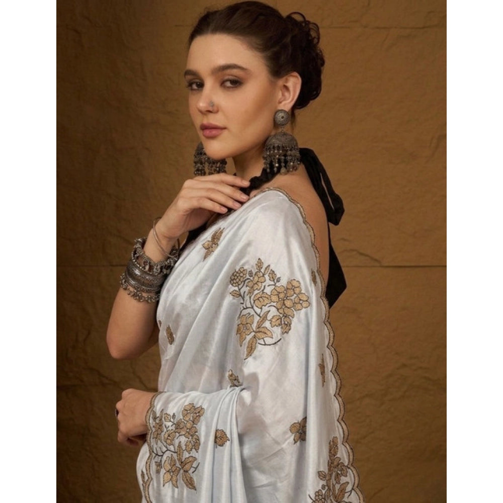 Women's Viscose Silk Embroidered Saree With Unstitched Blouse 5.5Mtr (Grey)
