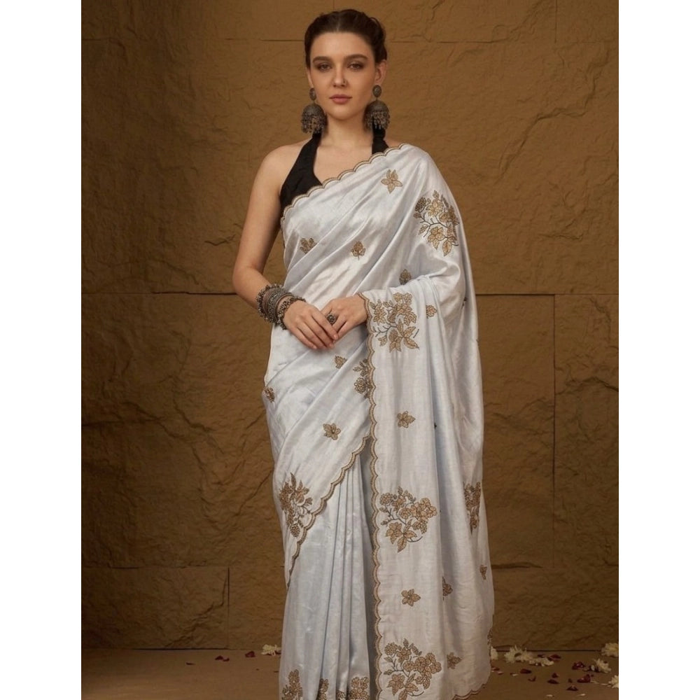 Women's Viscose Silk Embroidered Saree With Unstitched Blouse 5.5Mtr (Grey)