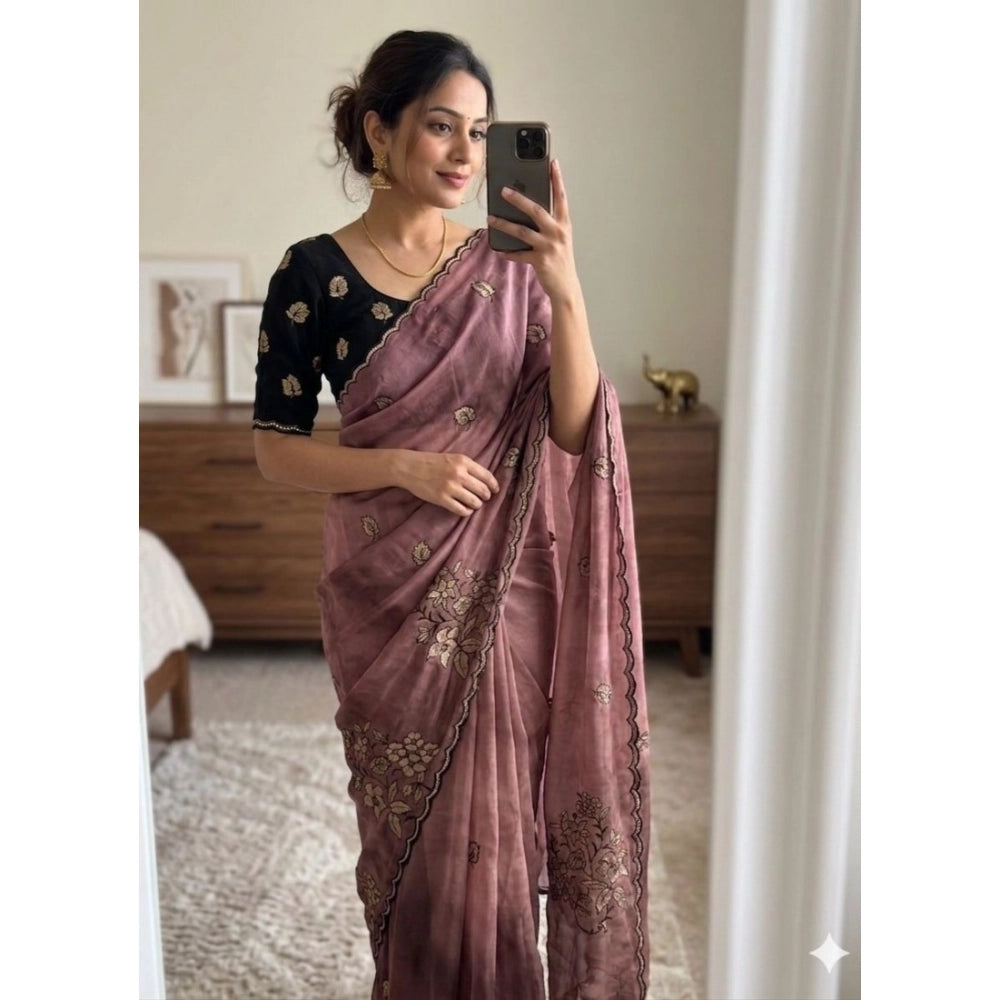 Women's Viscose Silk Embroidered Saree With Unstitched Blouse 5.5Mtr (Pink)