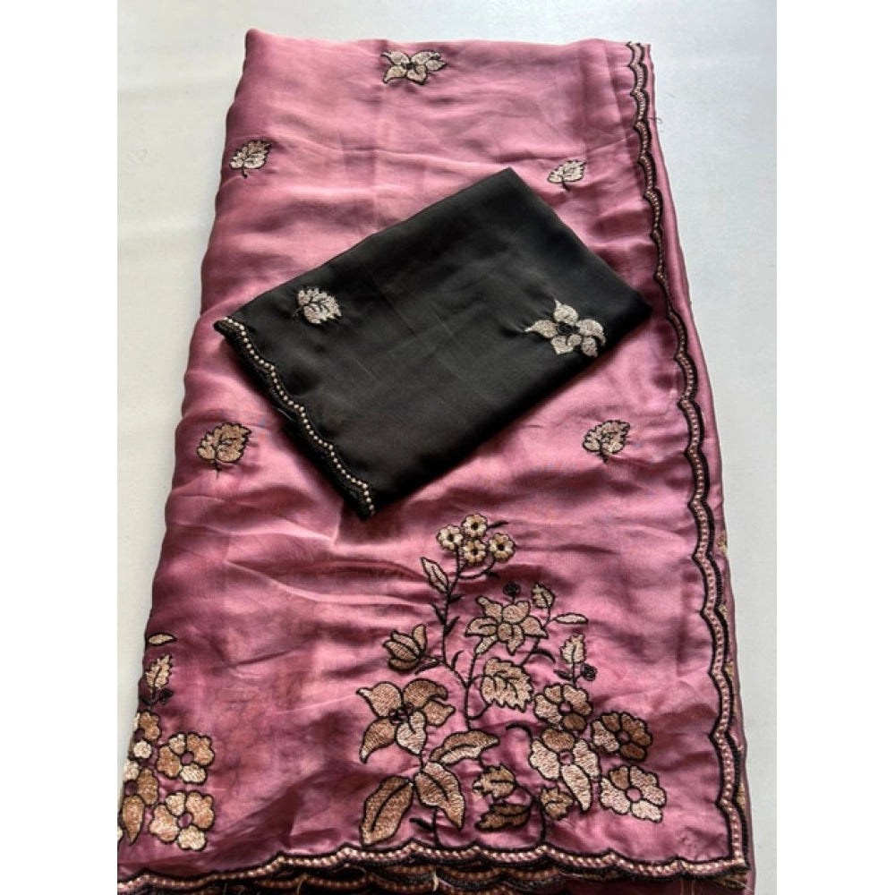 Women's Viscose Silk Embroidered Saree With Unstitched Blouse 5.5Mtr (Pink)