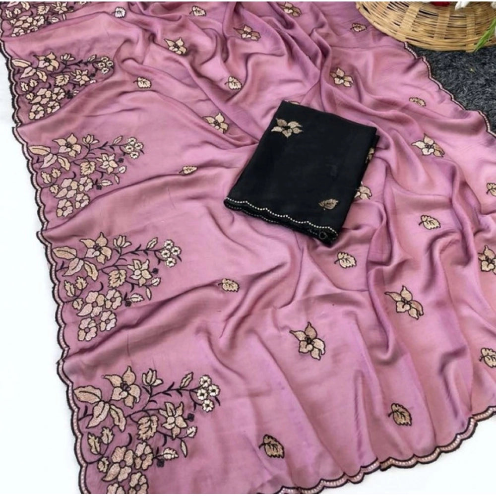 Women's Viscose Silk Embroidered Saree With Unstitched Blouse 5.5Mtr (Pink)
