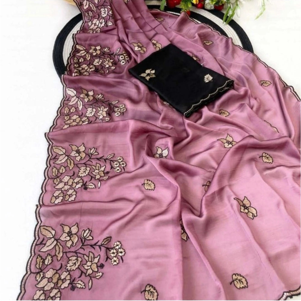 Women's Viscose Silk Embroidered Saree With Unstitched Blouse 5.5Mtr (Pink)