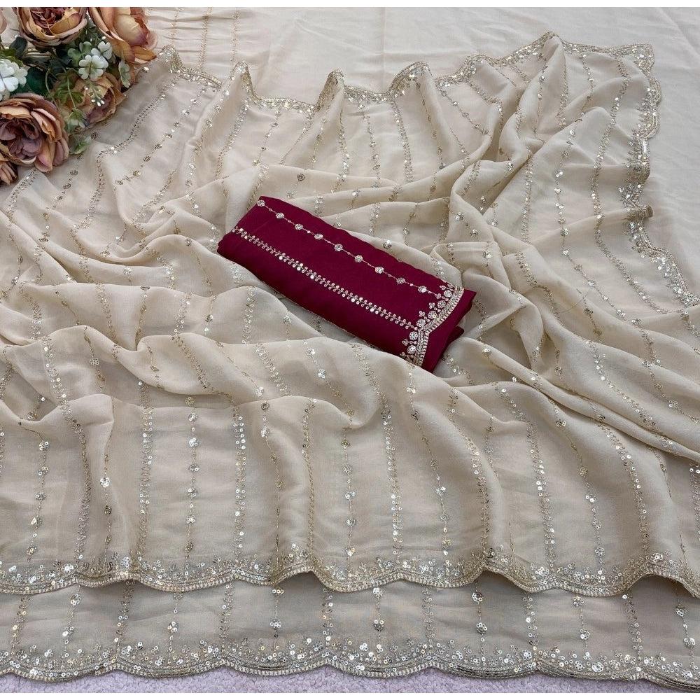 Women's Star Georgette Embroidered Saree With Unstitched Blouse 5.5Mtr (Beige)