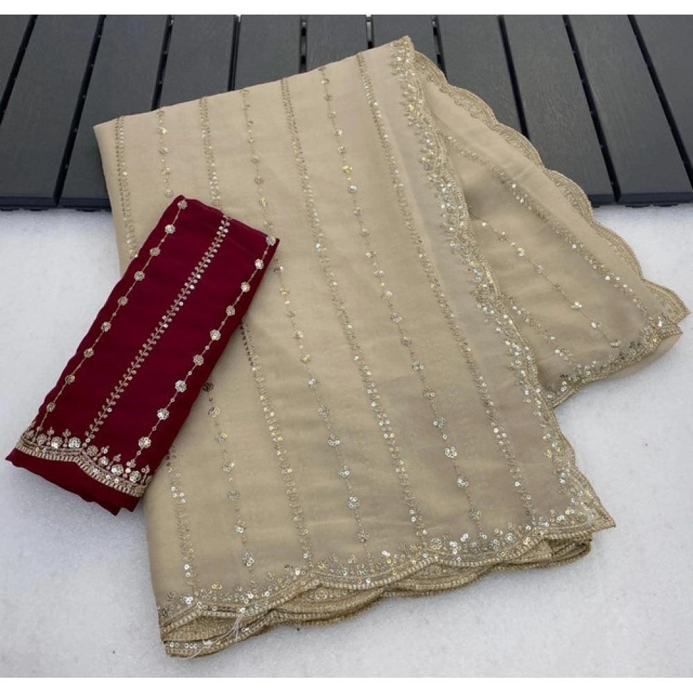 Women's Star Georgette Embroidered Saree With Unstitched Blouse 5.5Mtr (Beige)