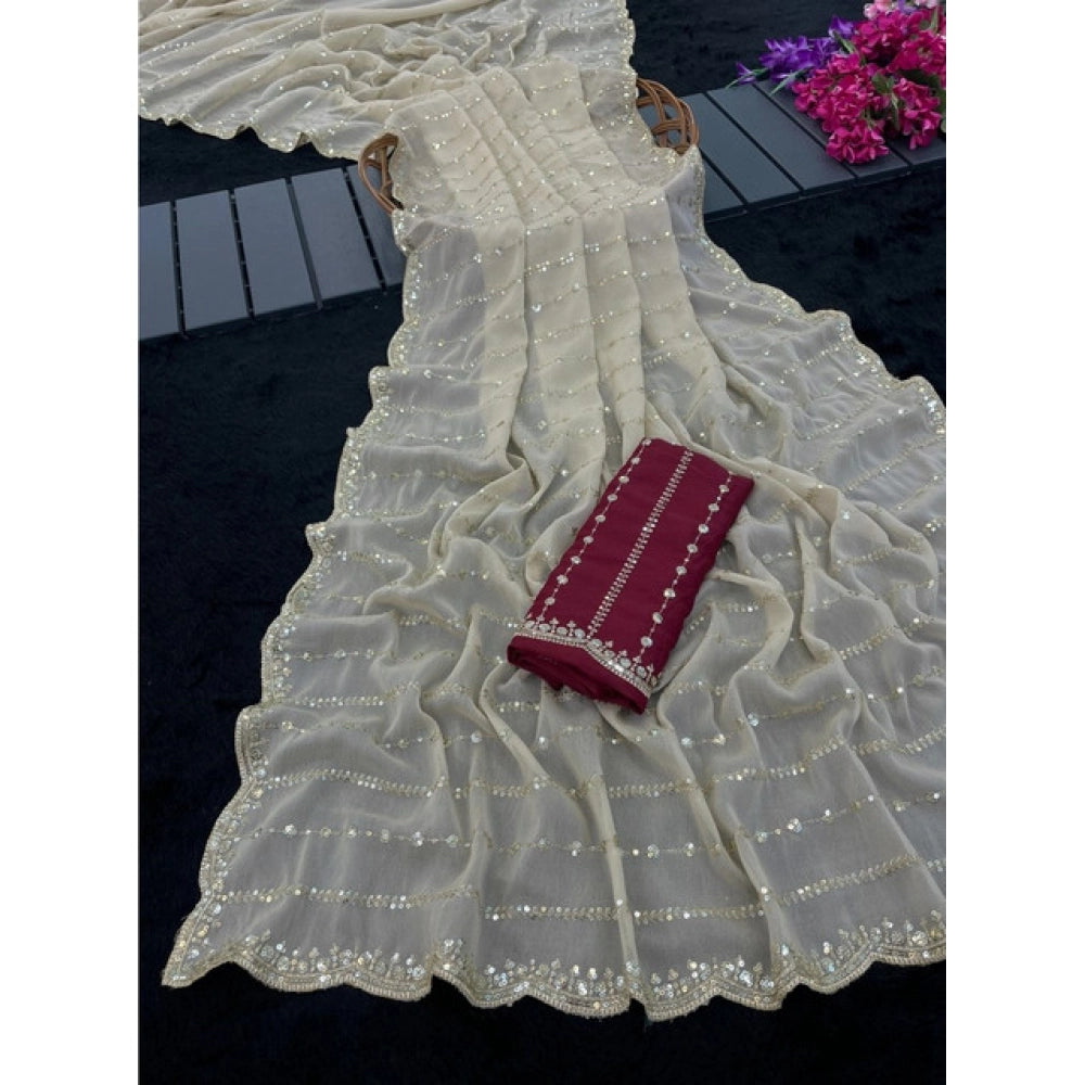 Women's Star Georgette Embroidered Saree With Unstitched Blouse 5.5Mtr (Beige)