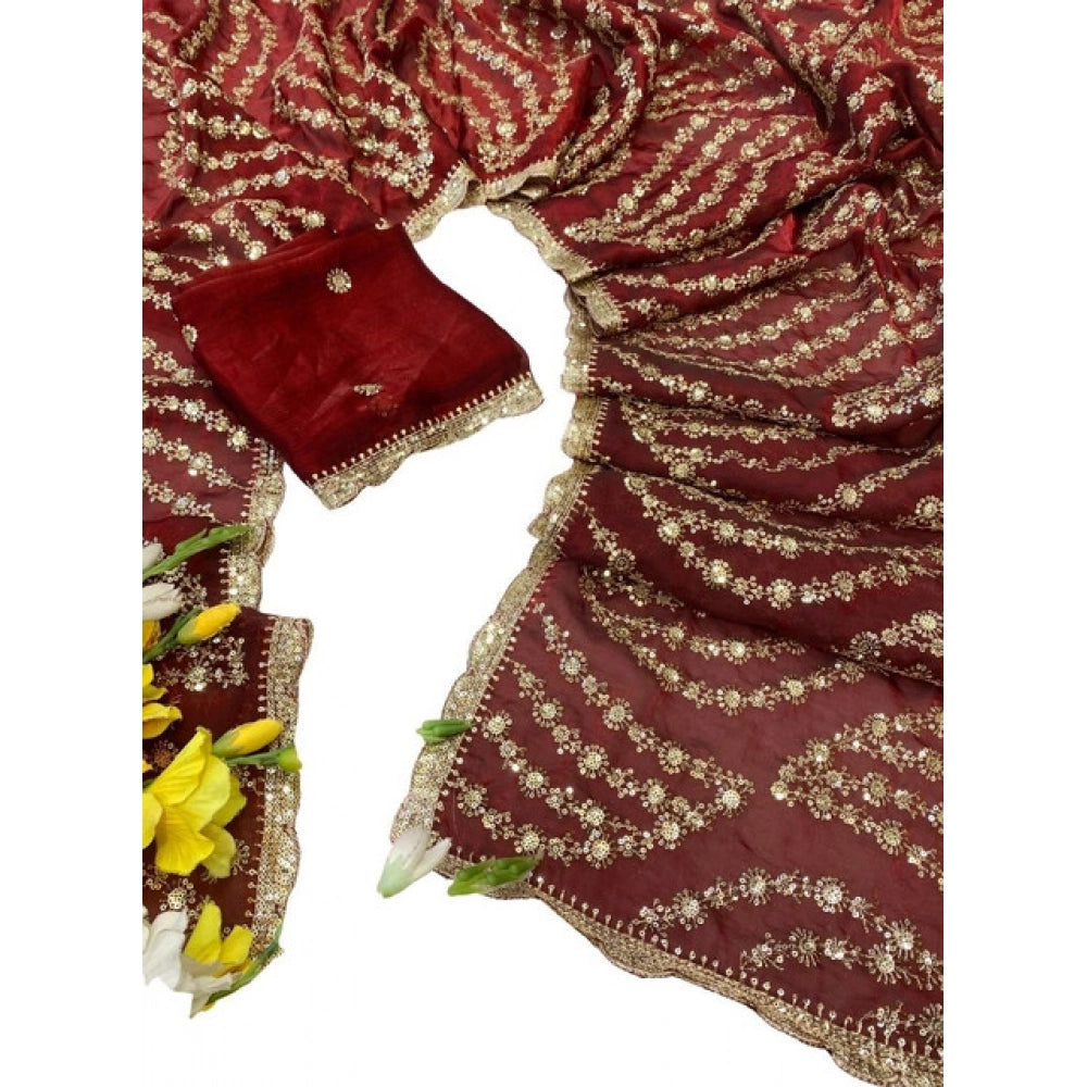 Women's Satin Embellished Saree With Unstitched Blouse 5.5Mtr (Maroon)