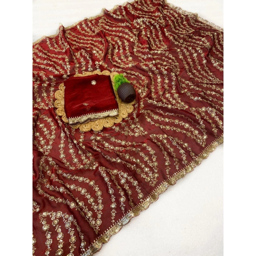 Women's Satin Embellished Saree With Unstitched Blouse 5.5Mtr (Maroon)
