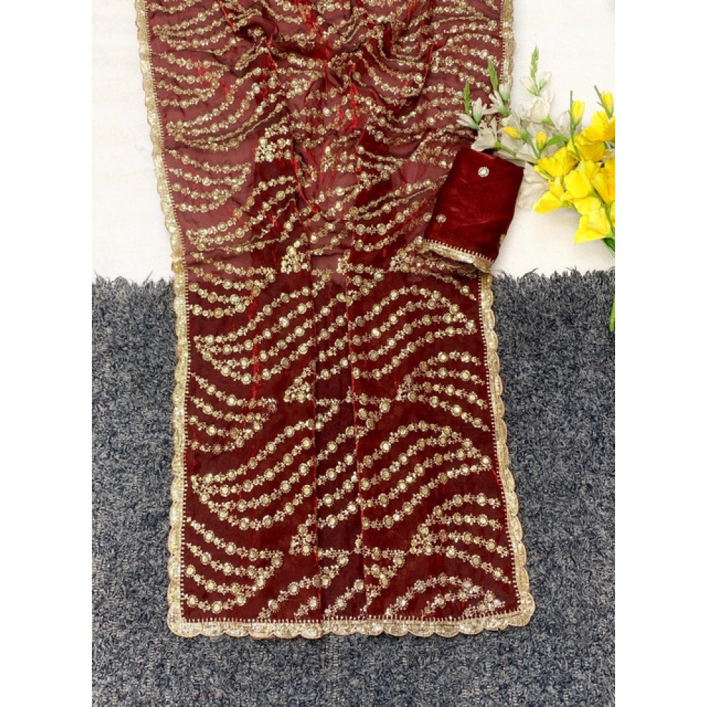 Women's Satin Embellished Saree With Unstitched Blouse 5.5Mtr (Maroon)