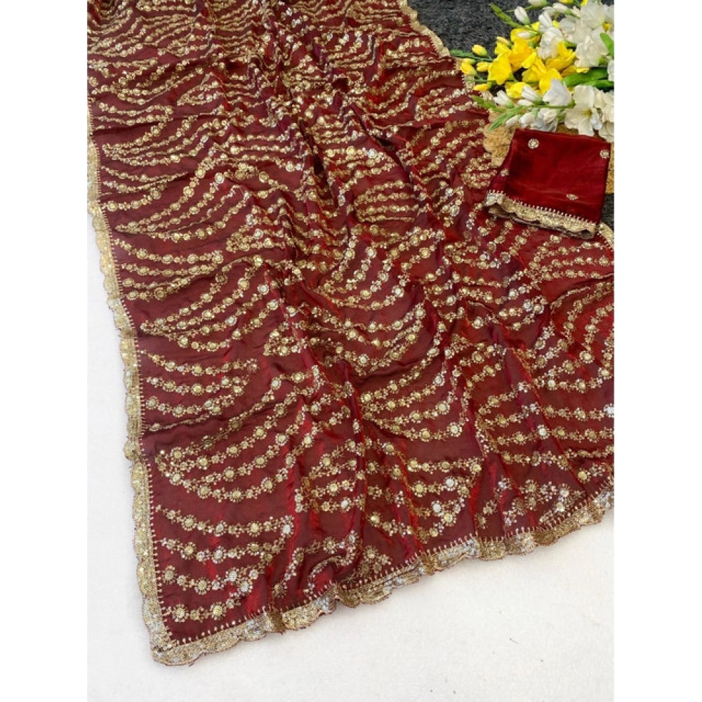 Women's Satin Embellished Saree With Unstitched Blouse 5.5Mtr (Maroon)