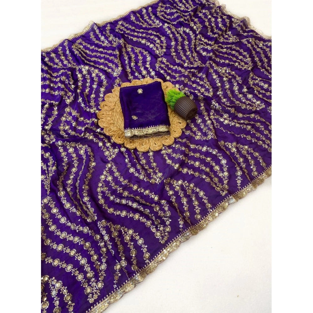 Women's Satin Embellished Saree With Unstitched Blouse 5.5Mtr (Purple)