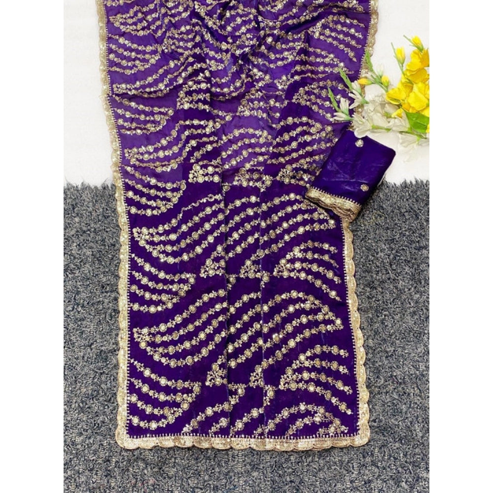 Women's Satin Embellished Saree With Unstitched Blouse 5.5Mtr (Purple)