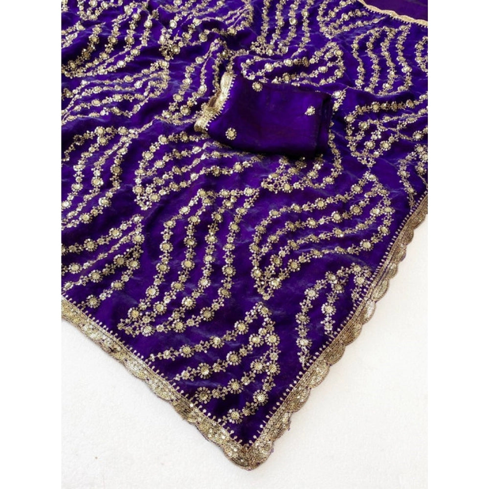 Women's Satin Embellished Saree With Unstitched Blouse 5.5Mtr (Purple)