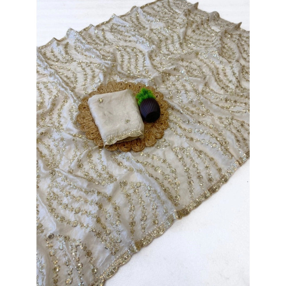 Women's Satin Embellished Saree With Unstitched Blouse 5.5Mtr (Cream)