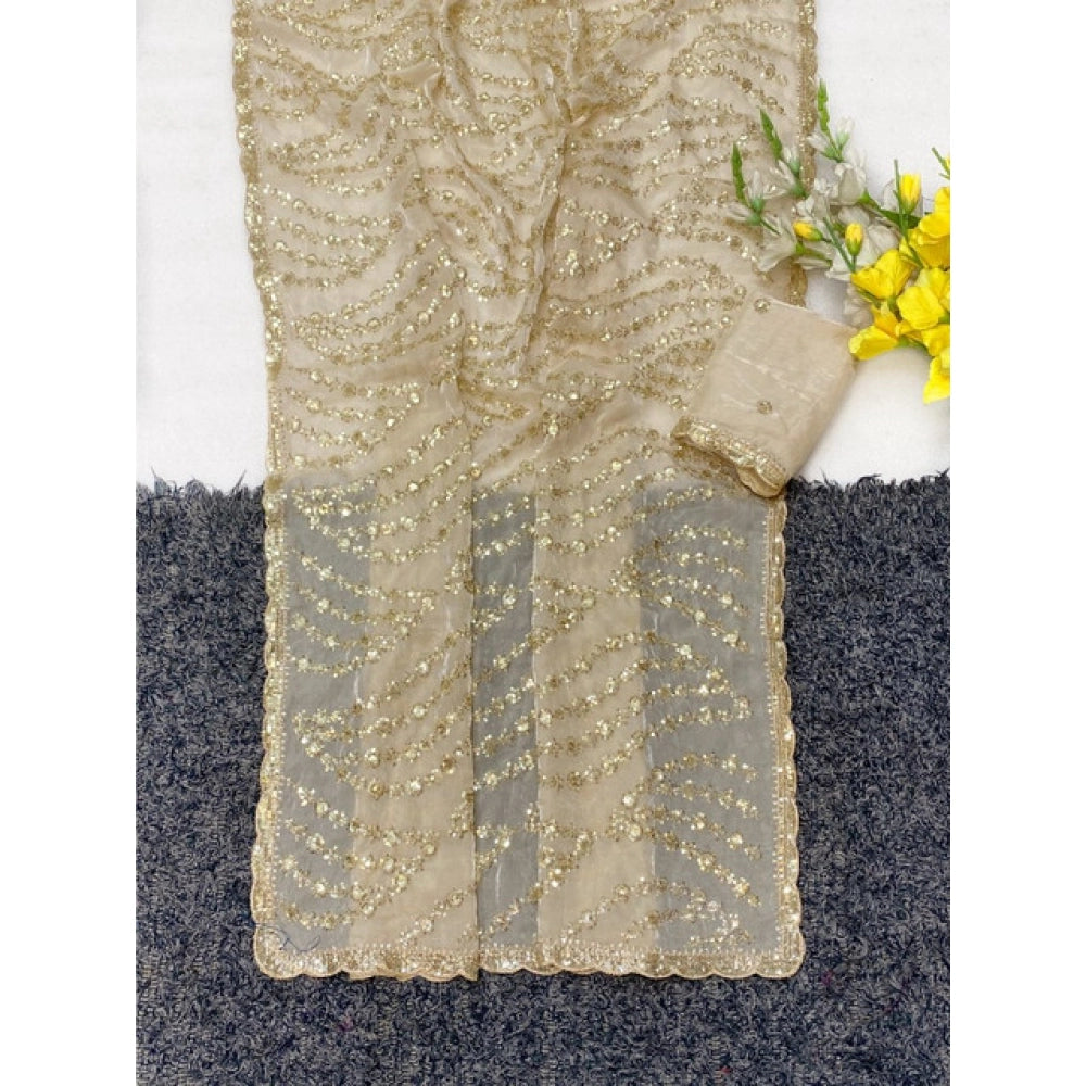 Women's Satin Embellished Saree With Unstitched Blouse 5.5Mtr (Cream)