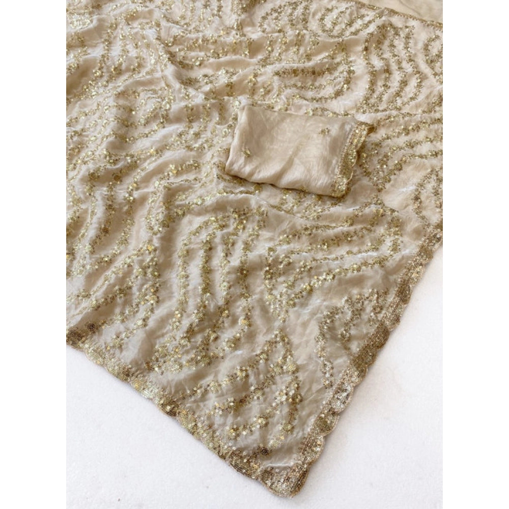 Women's Satin Embellished Saree With Unstitched Blouse 5.5Mtr (Cream)