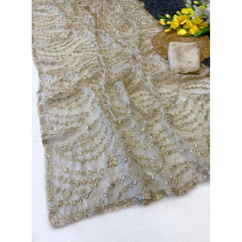 Women's Satin Embellished Saree With Unstitched Blouse 5.5Mtr (Cream)