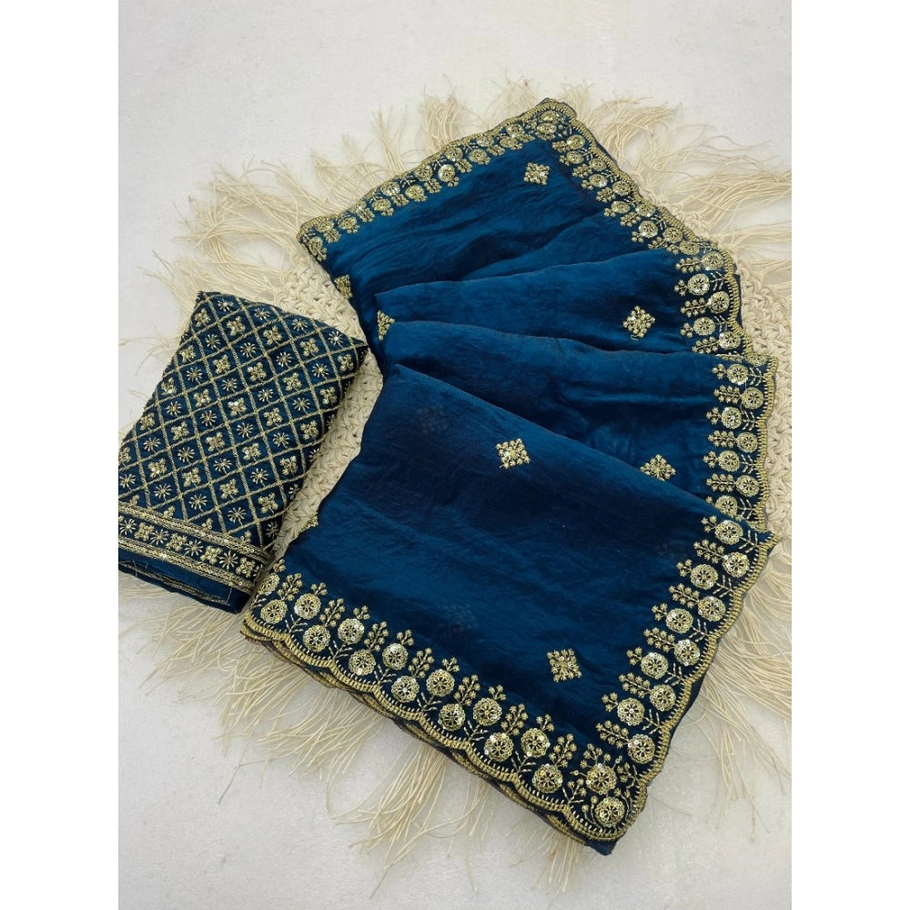 Women's Satin Embellished Saree With Unstitched Blouse 5.5Mtr (Teal)