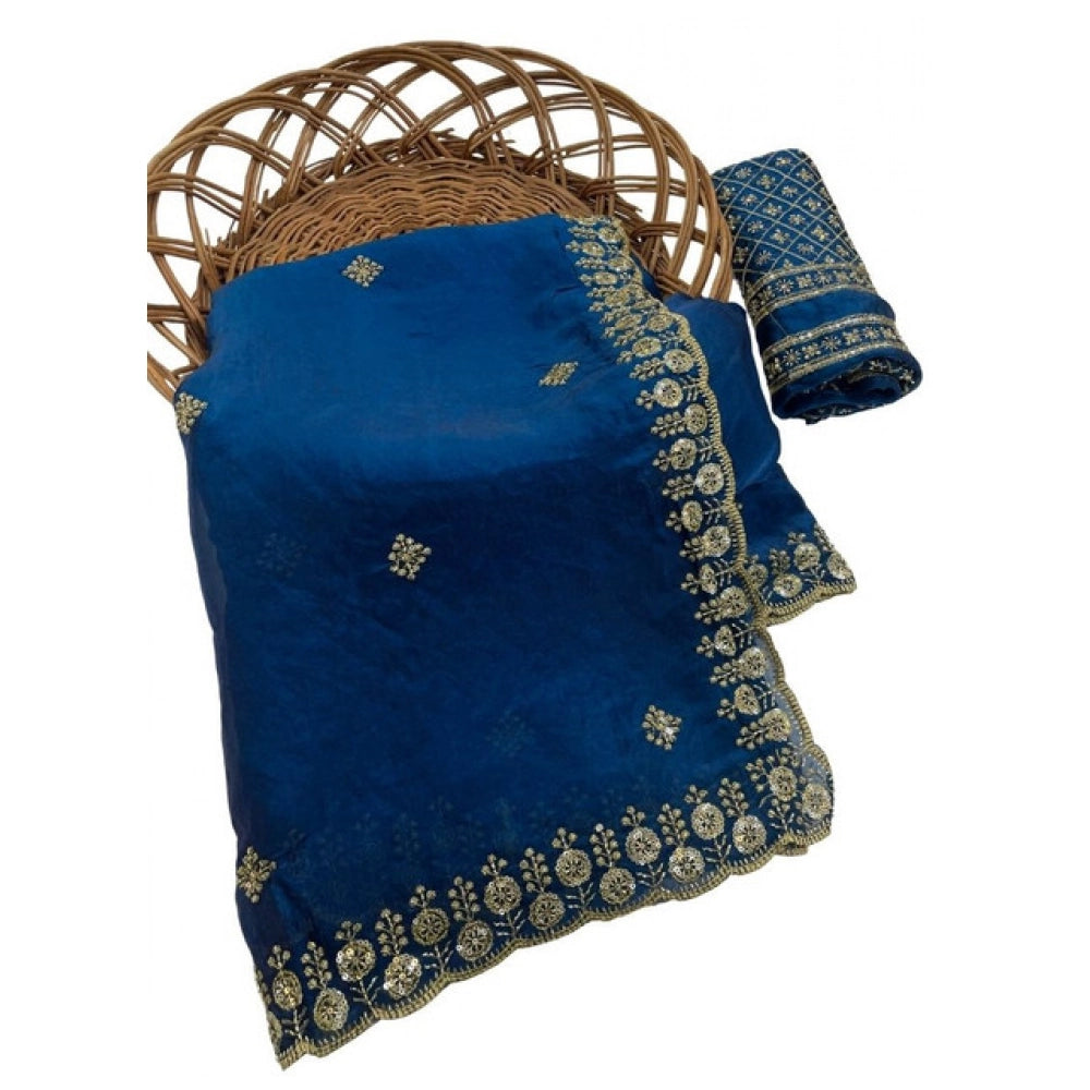 Women's Satin Embellished Saree With Unstitched Blouse 5.5Mtr (Teal)