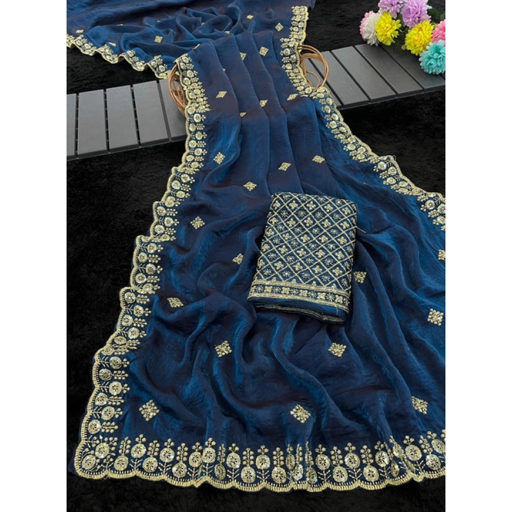 Women's Satin Embellished Saree With Unstitched Blouse 5.5Mtr (Teal)