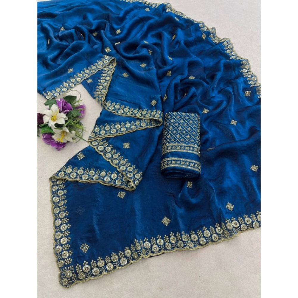 Women's Satin Embellished Saree With Unstitched Blouse 5.5Mtr (Teal)