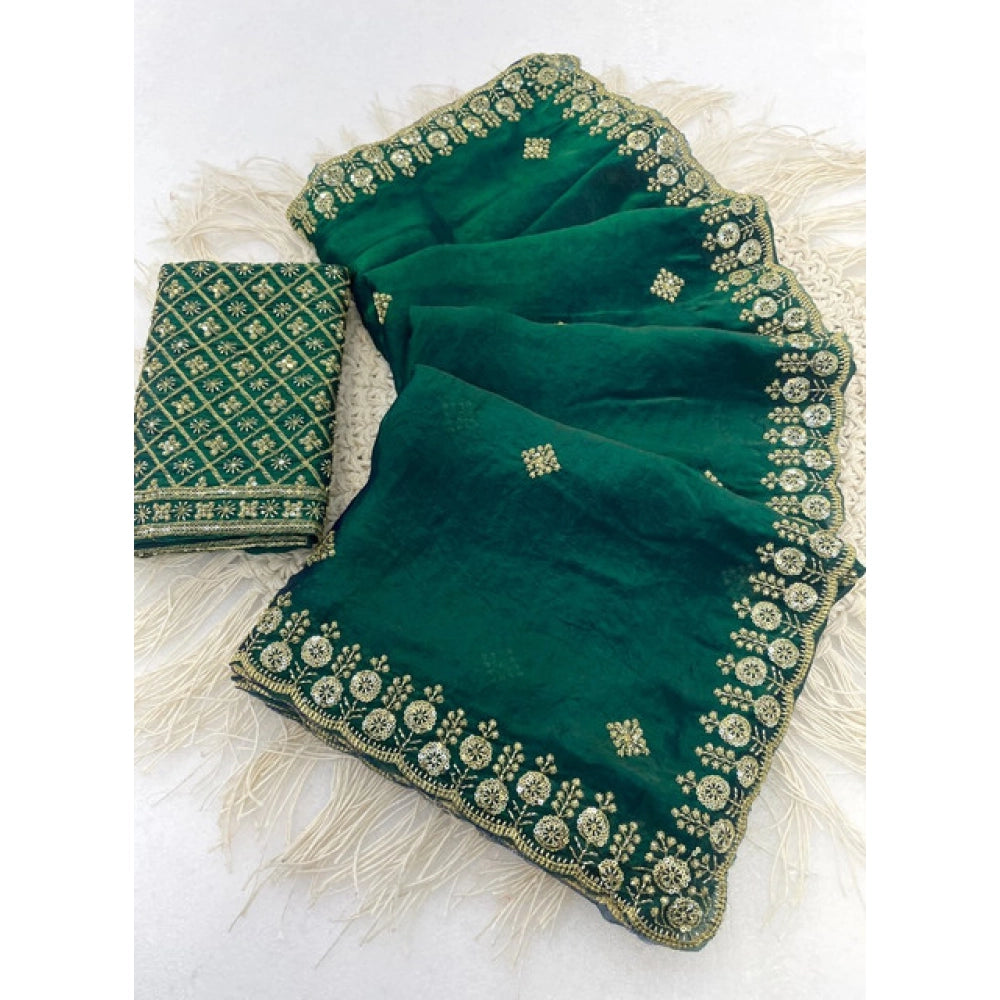 Women's Satin Embellished Saree With Unstitched Blouse 5.5Mtr (Green)