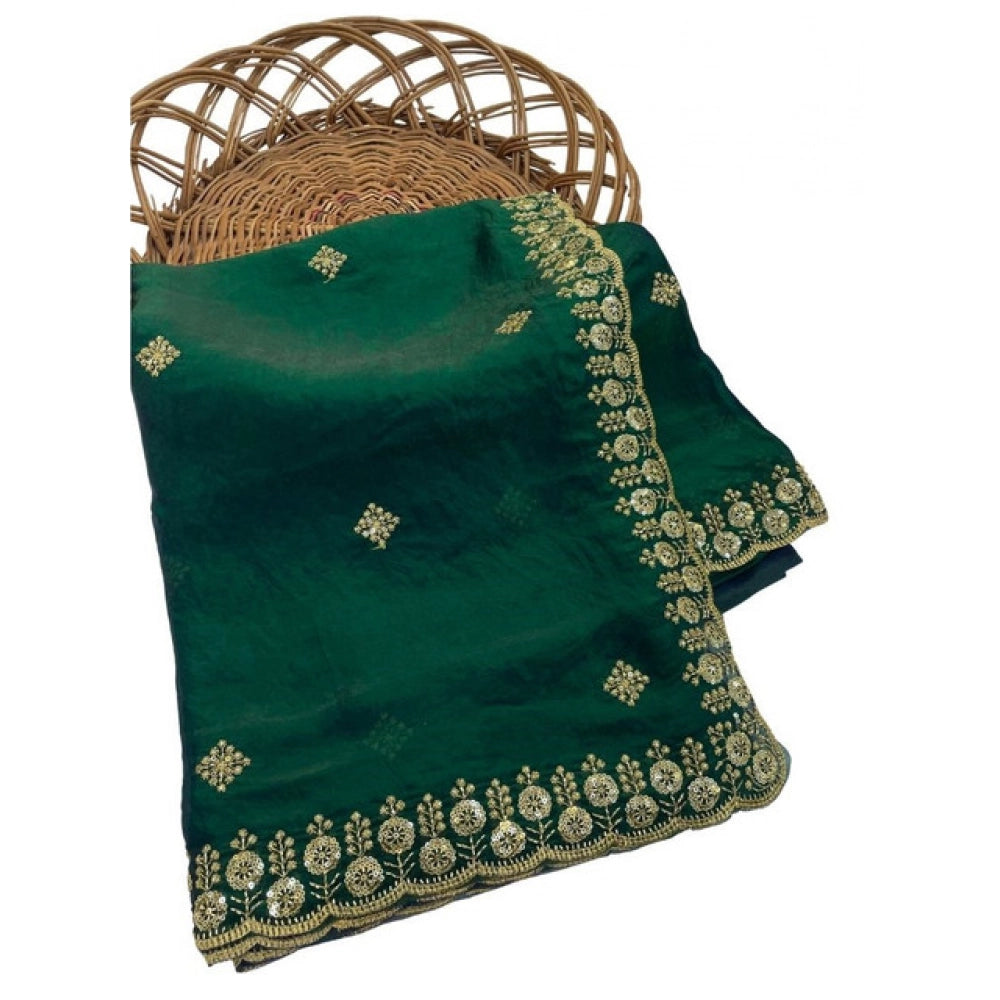 Women's Satin Embellished Saree With Unstitched Blouse 5.5Mtr (Green)