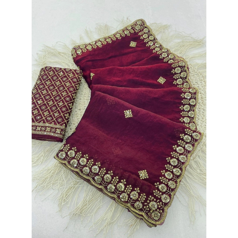 Women's Satin Embellished Saree With Unstitched Blouse 5.5Mtr (Maroon)