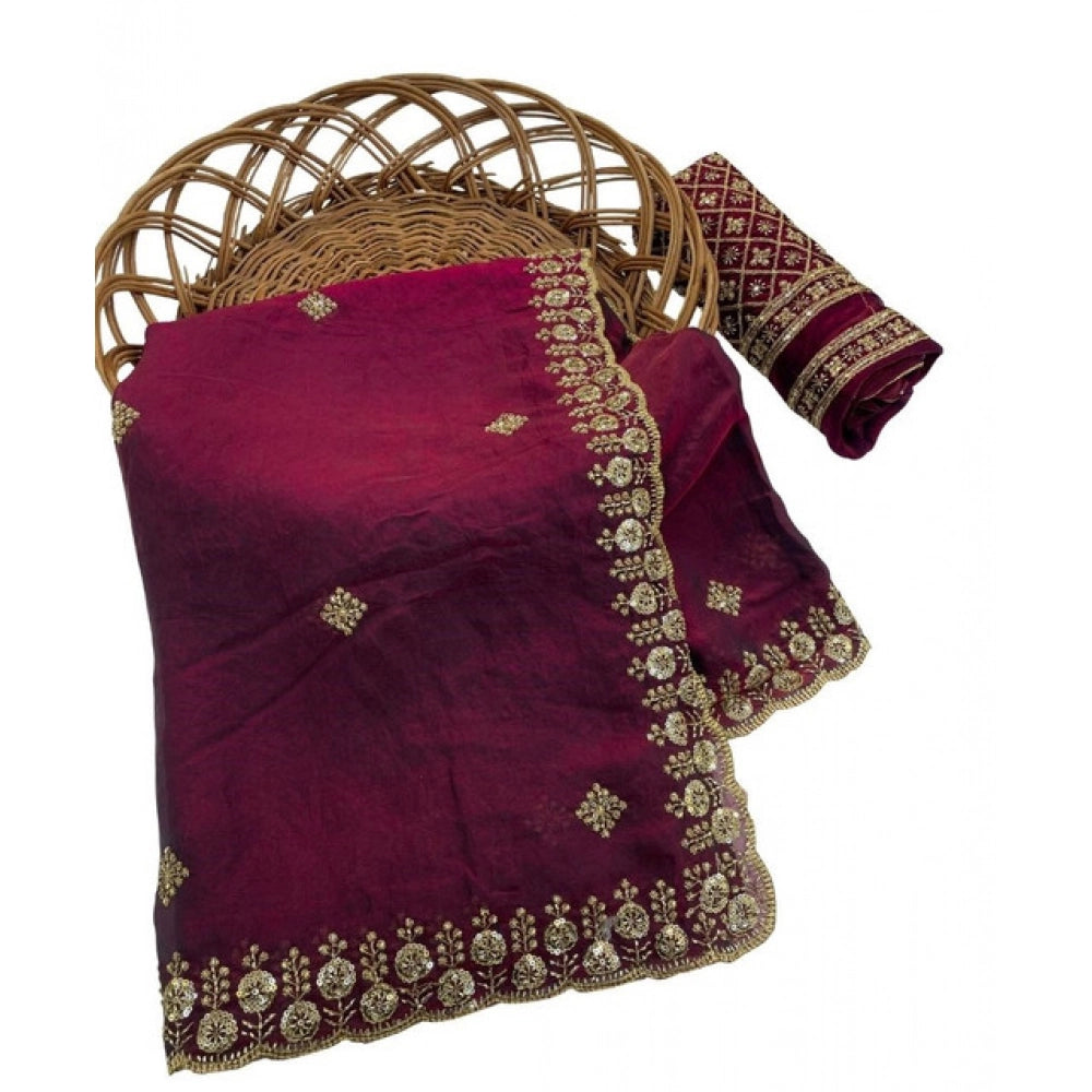 Women's Satin Embellished Saree With Unstitched Blouse 5.5Mtr (Maroon)