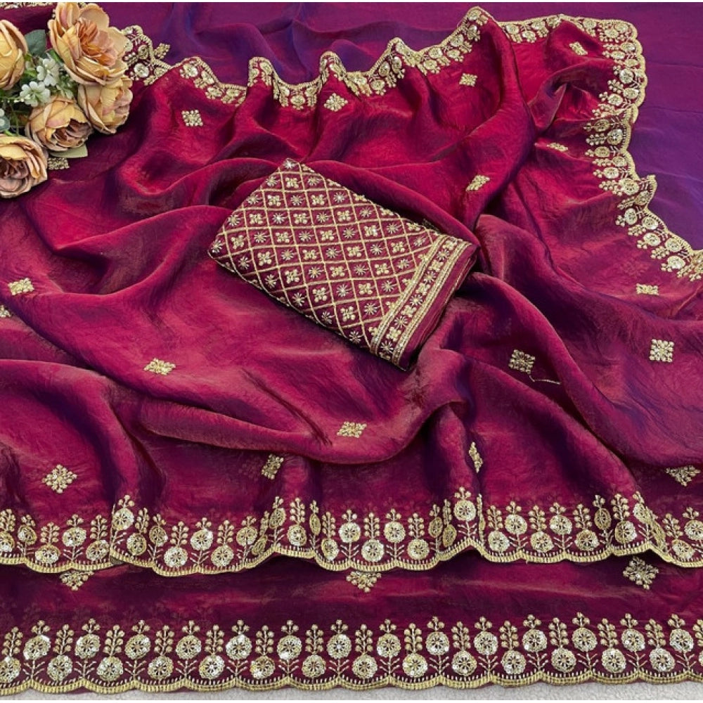 Women's Satin Embellished Saree With Unstitched Blouse 5.5Mtr (Maroon)