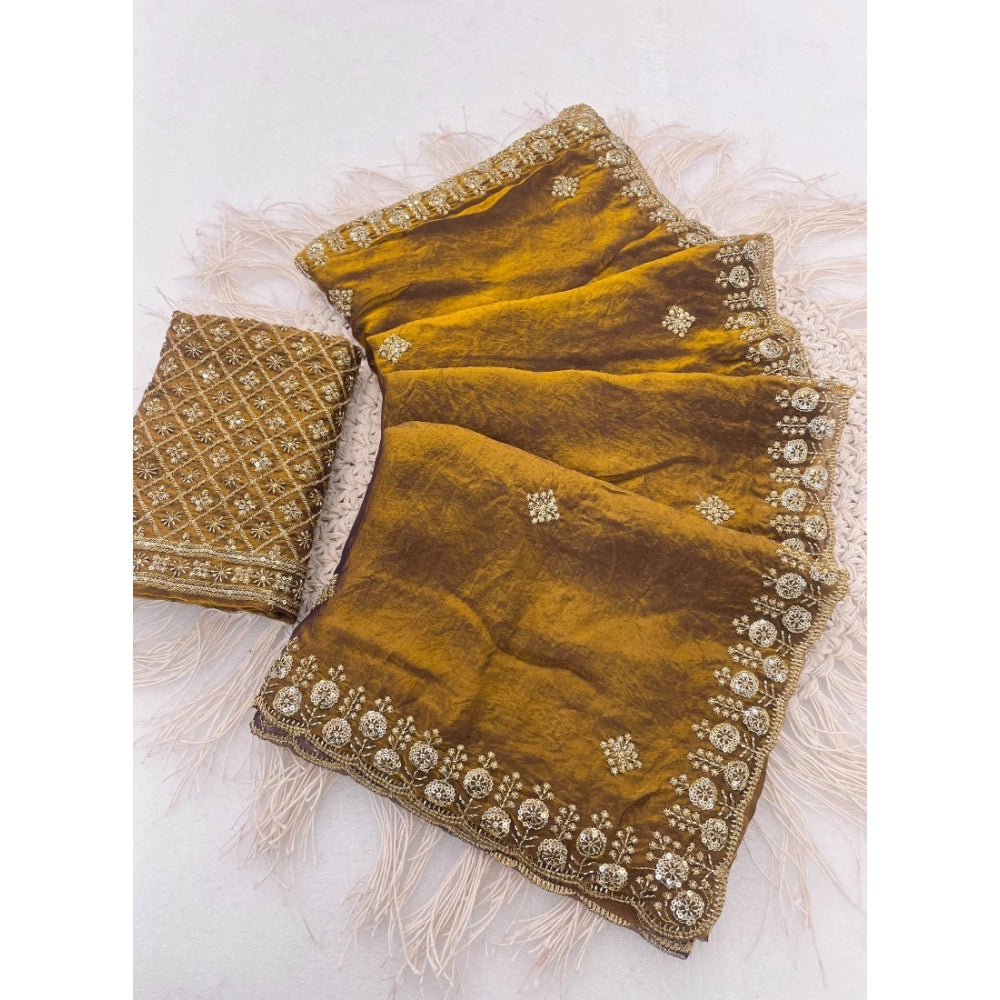 Women's Satin Embellished Saree With Unstitched Blouse 5.5Mtr (Mustard)