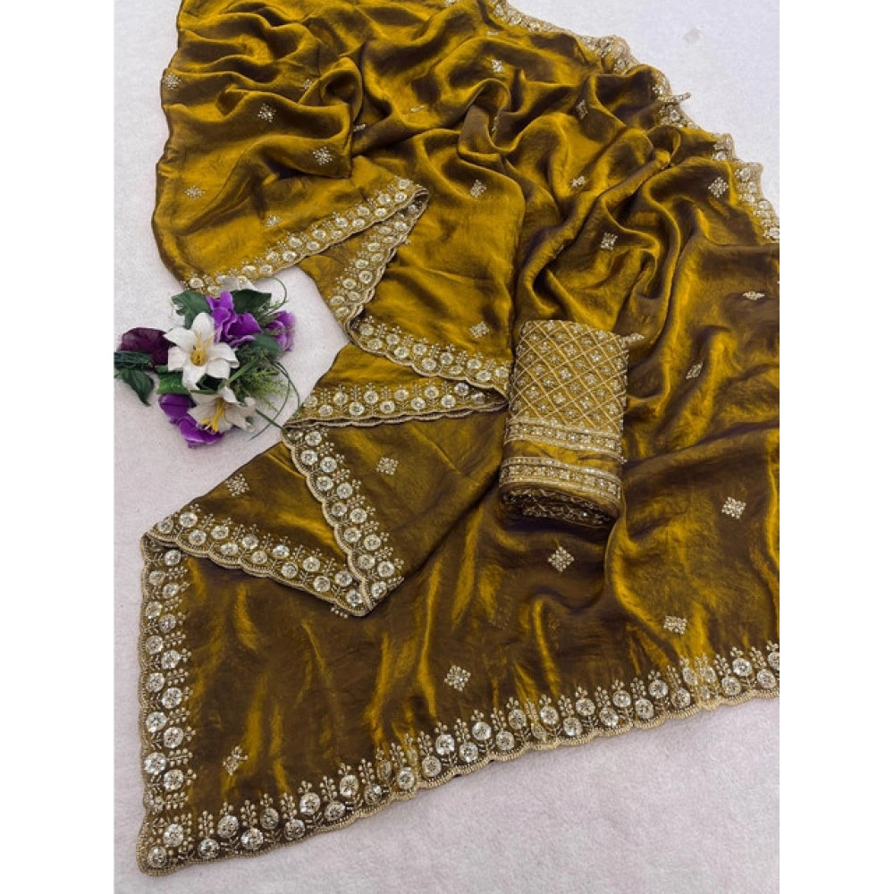 Women's Satin Embellished Saree With Unstitched Blouse 5.5Mtr (Mustard)