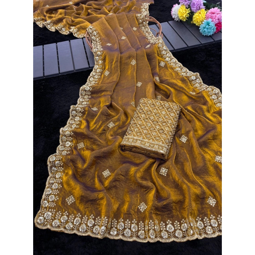 Women's Satin Embellished Saree With Unstitched Blouse 5.5Mtr (Mustard)