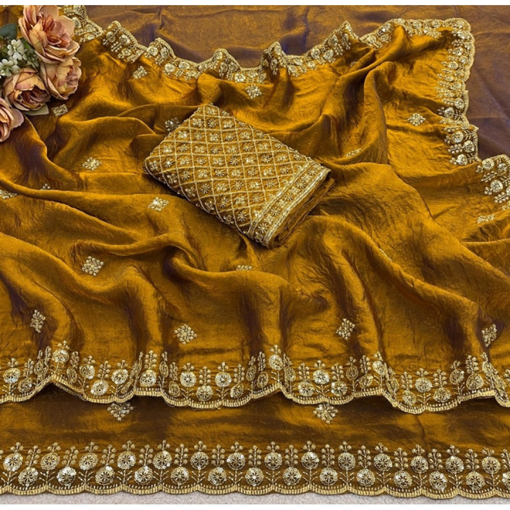 Women's Satin Embellished Saree With Unstitched Blouse 5.5Mtr (Mustard)