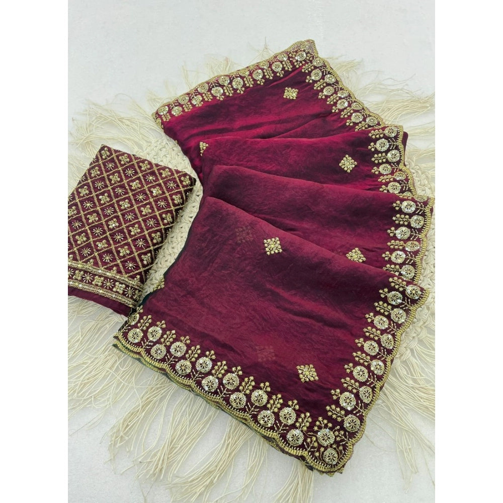 Women's Satin Embellished Saree With Unstitched Blouse 5.5Mtr (Wine-Toned)