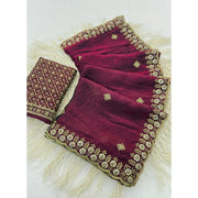 Women's Satin Embellished Saree With Unstitched Blouse 5.5Mtr (Wine-Toned)
