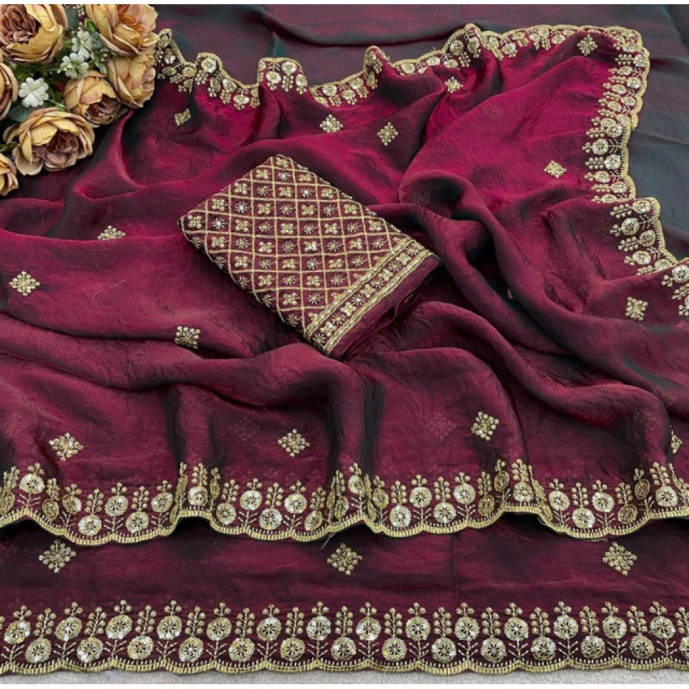 Women's Satin Embellished Saree With Unstitched Blouse 5.5Mtr (Wine-Toned)