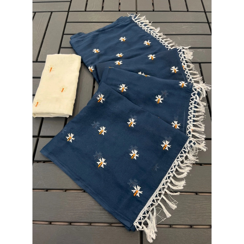 Women's Georgette Embellished Saree With Unstitched Blouse 5.5Mtr (Navy)