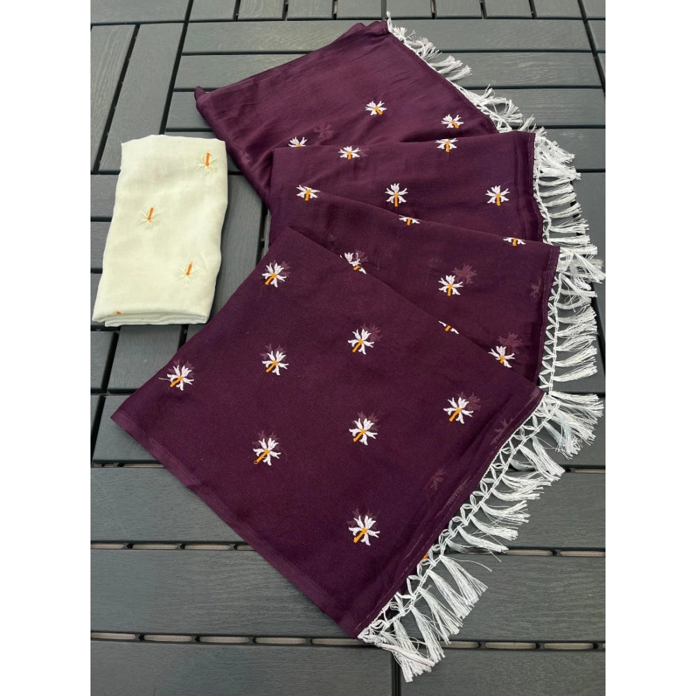 Women's Georgette Embellished Saree With Unstitched Blouse 5.5Mtr (Wine)