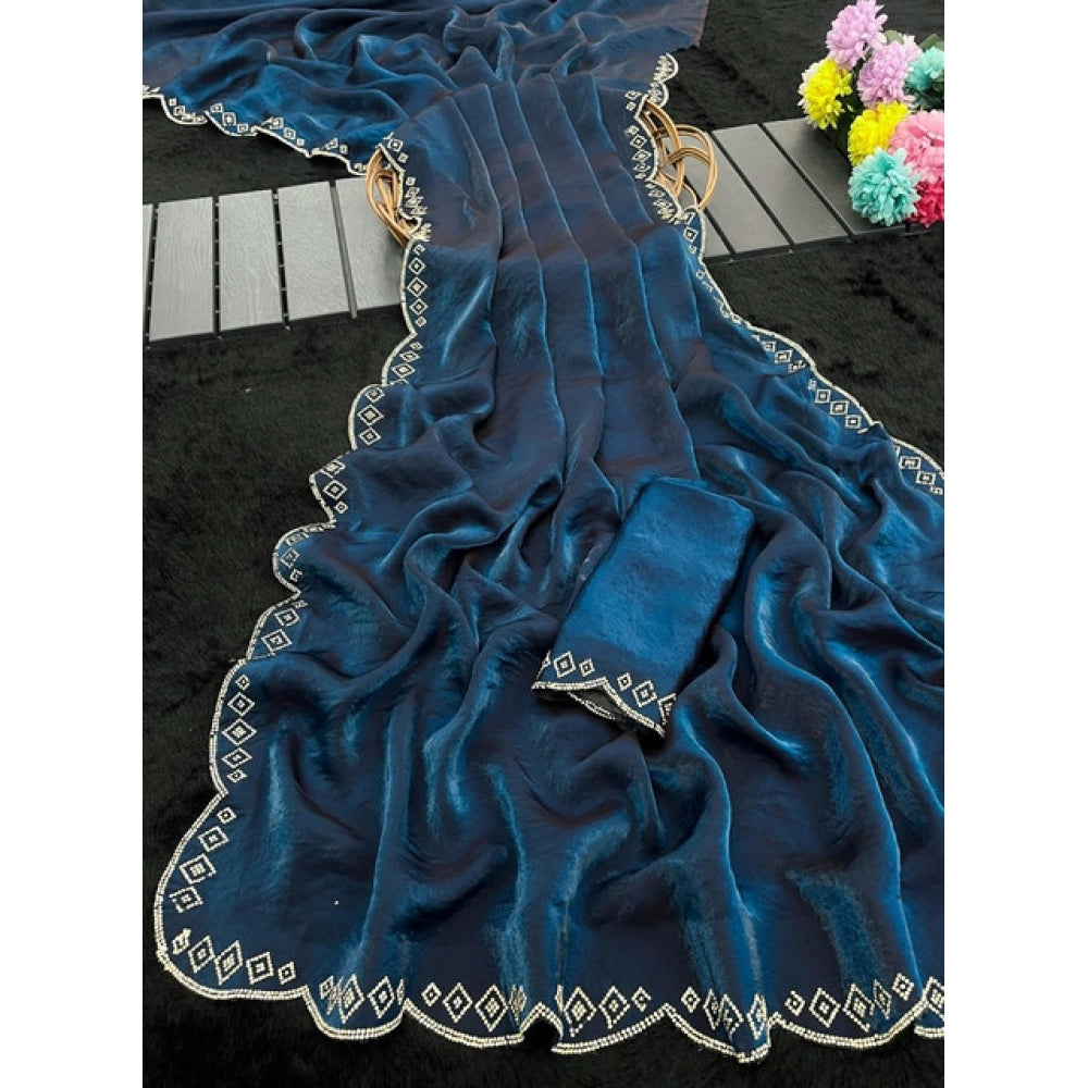 Women's Satin Embellished Saree With Unstitched Blouse 5.5Mtr (Navy)