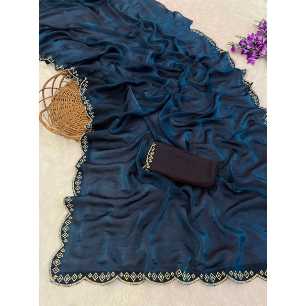 Women's Satin Embellished Saree With Unstitched Blouse 5.5Mtr (Navy)
