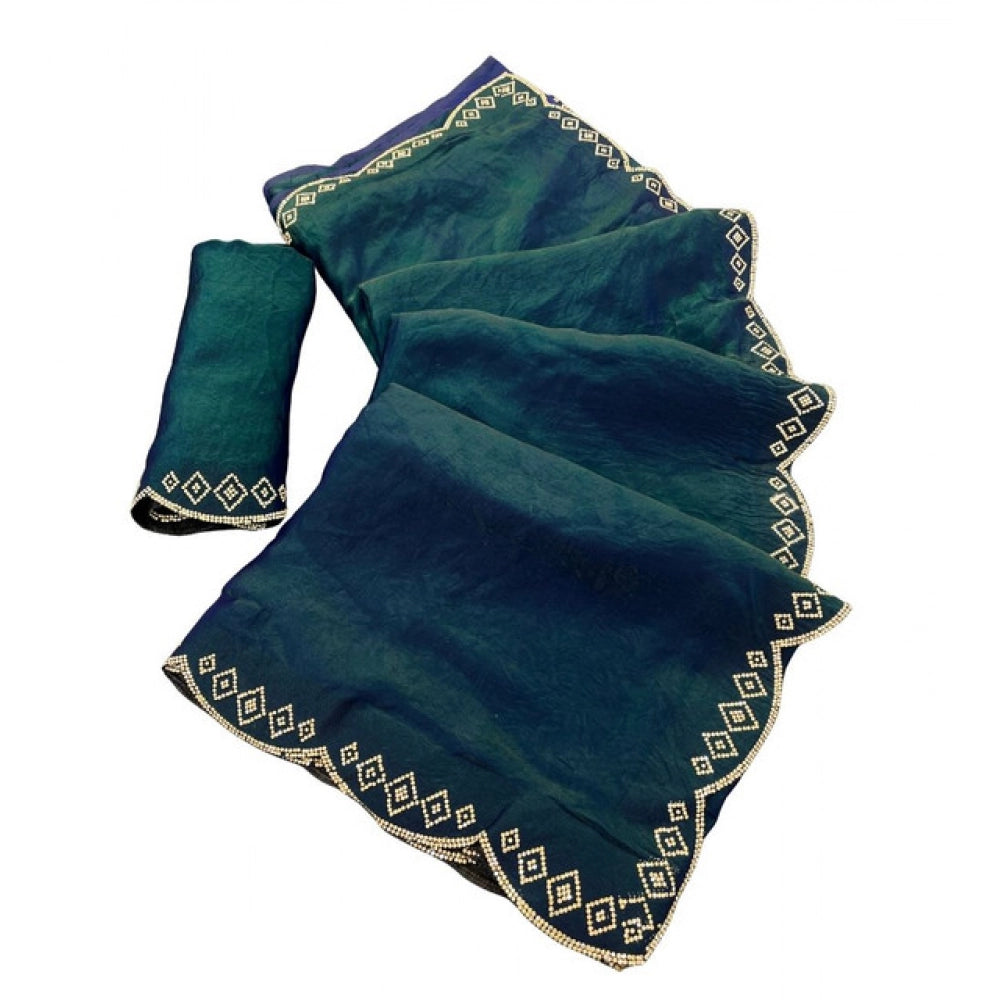 Women's Satin Embellished Saree With Unstitched Blouse 5.5Mtr (Bottle Green)