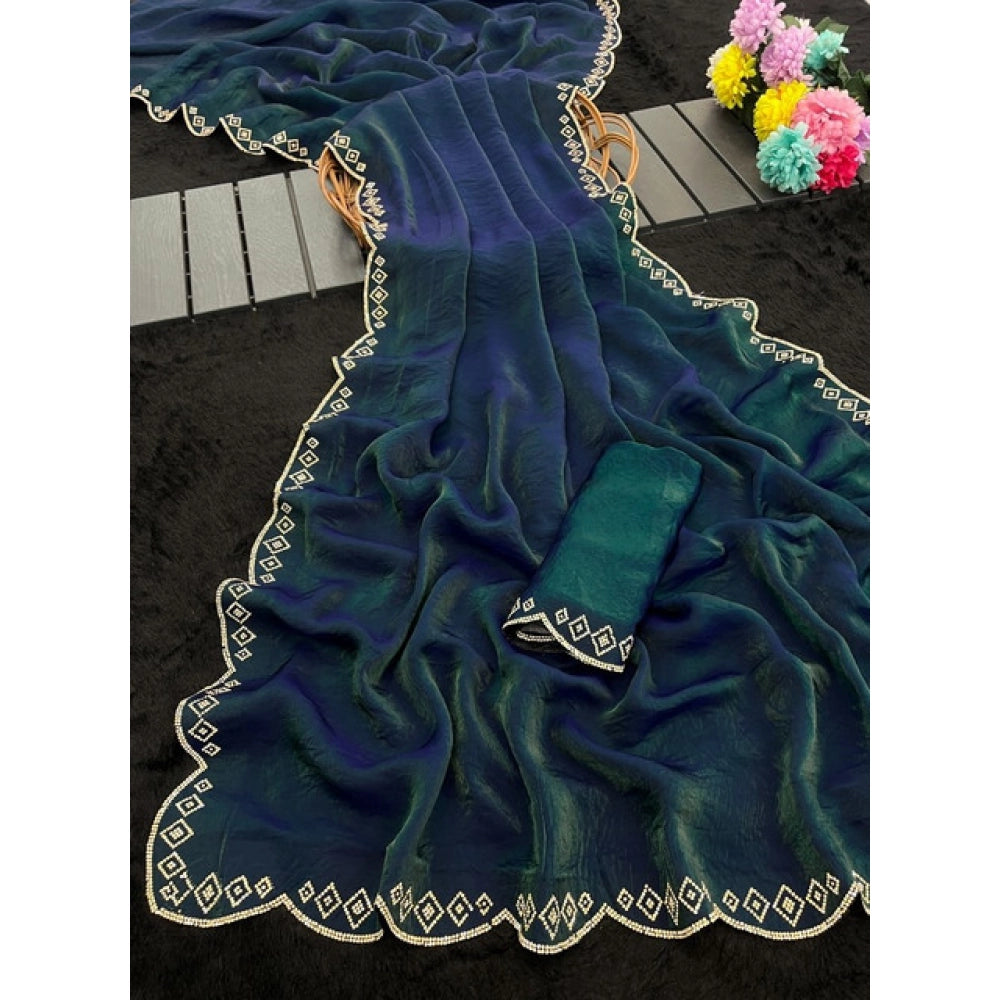 Women's Satin Embellished Saree With Unstitched Blouse 5.5Mtr (Bottle Green)